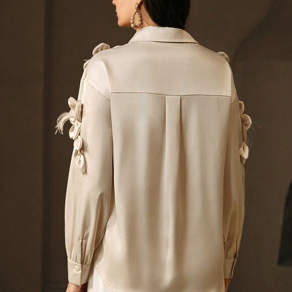 Apricot Casual Women's Loose Khaki Turndown Collar Long Sleeve Blouse - Picture 3 of 7